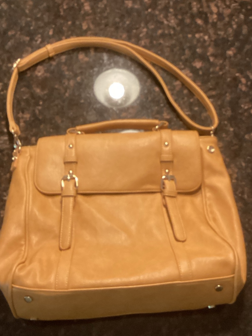 MMS Design Studio Camel Tan Faux-Leather Satchel with Buckle Accents